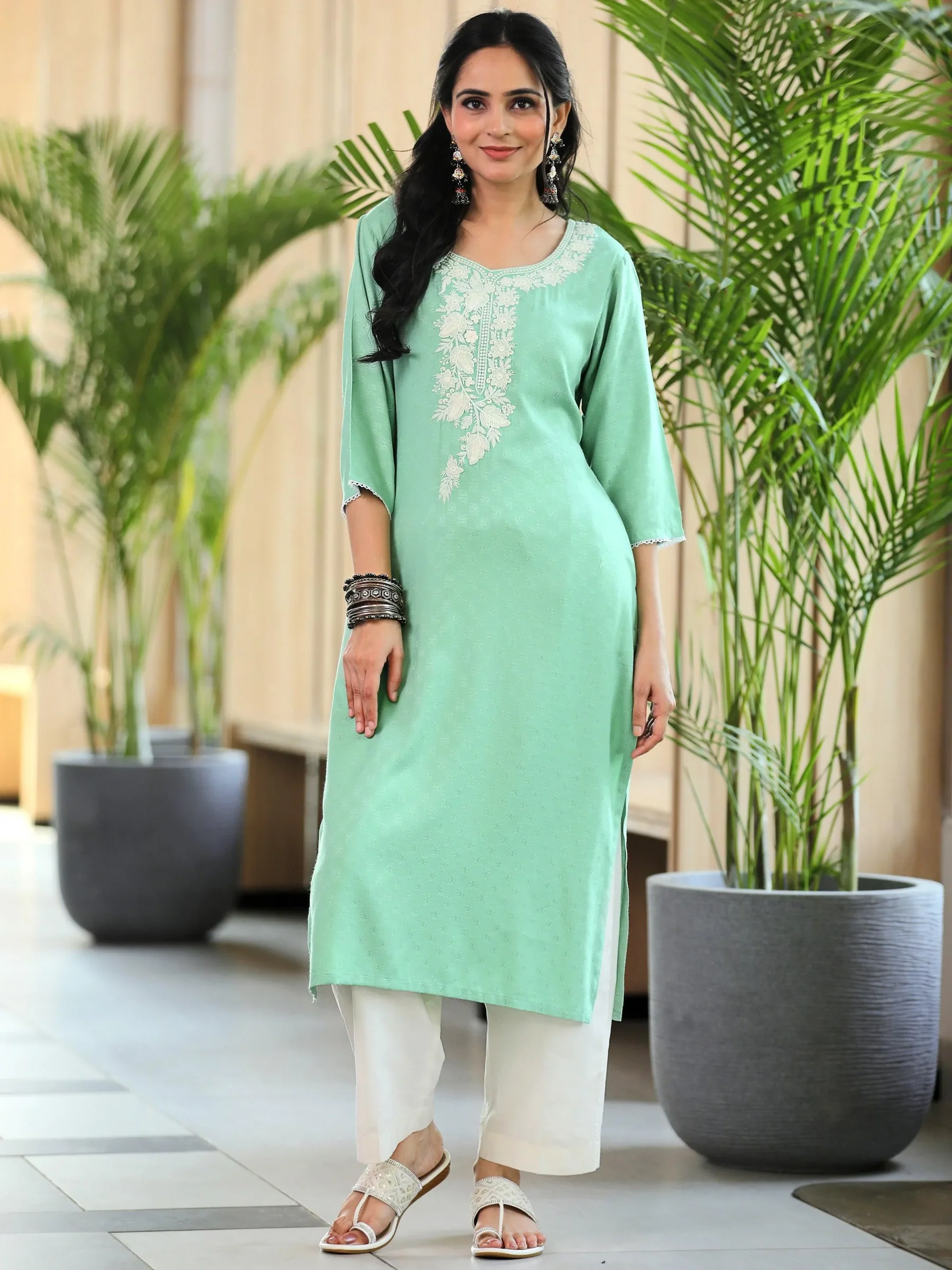 1_291521ce-1de4-48bf-a84d-43082f1a312a.webp Green Yoke Design Rayon Straight Kurta - Image 1