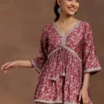 Pink Printed Silk Blend A-line Kurti