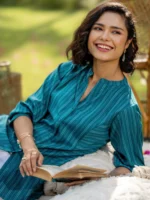 Teal Blue Woven Design Cotton Blend Straight Short Kurti - Image 2