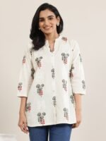 Off White Printed Cotton Straight Short Kurti - Image 4