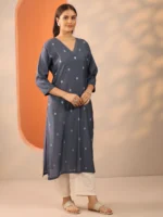 Grey Embroidered Silk Blend Straight Kurta - Image 2