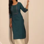 Teal Printed Cotton Blend Straight Kurta